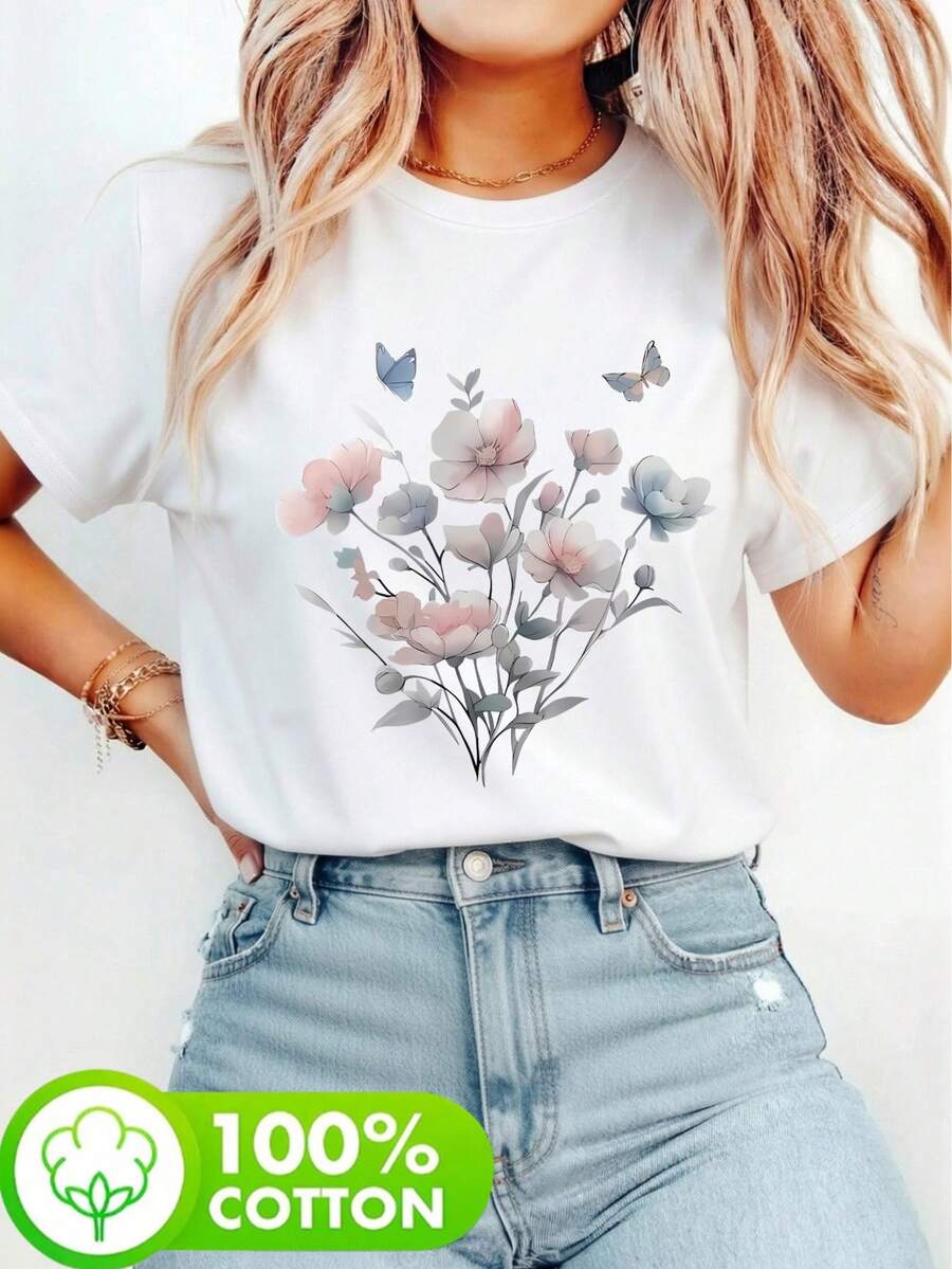 Áo thun ngắn tay cổ tròn bằng cotton nguyên chất thời trang, kiểu dáng thoải mái dành cho nữ. In họa tiết hoa, thích hợp cho đi làm, đi học và những buổi đi chơi thường ngày vào mùa xuân, hè và thu. Màu trắng. - trắng - Xem 1