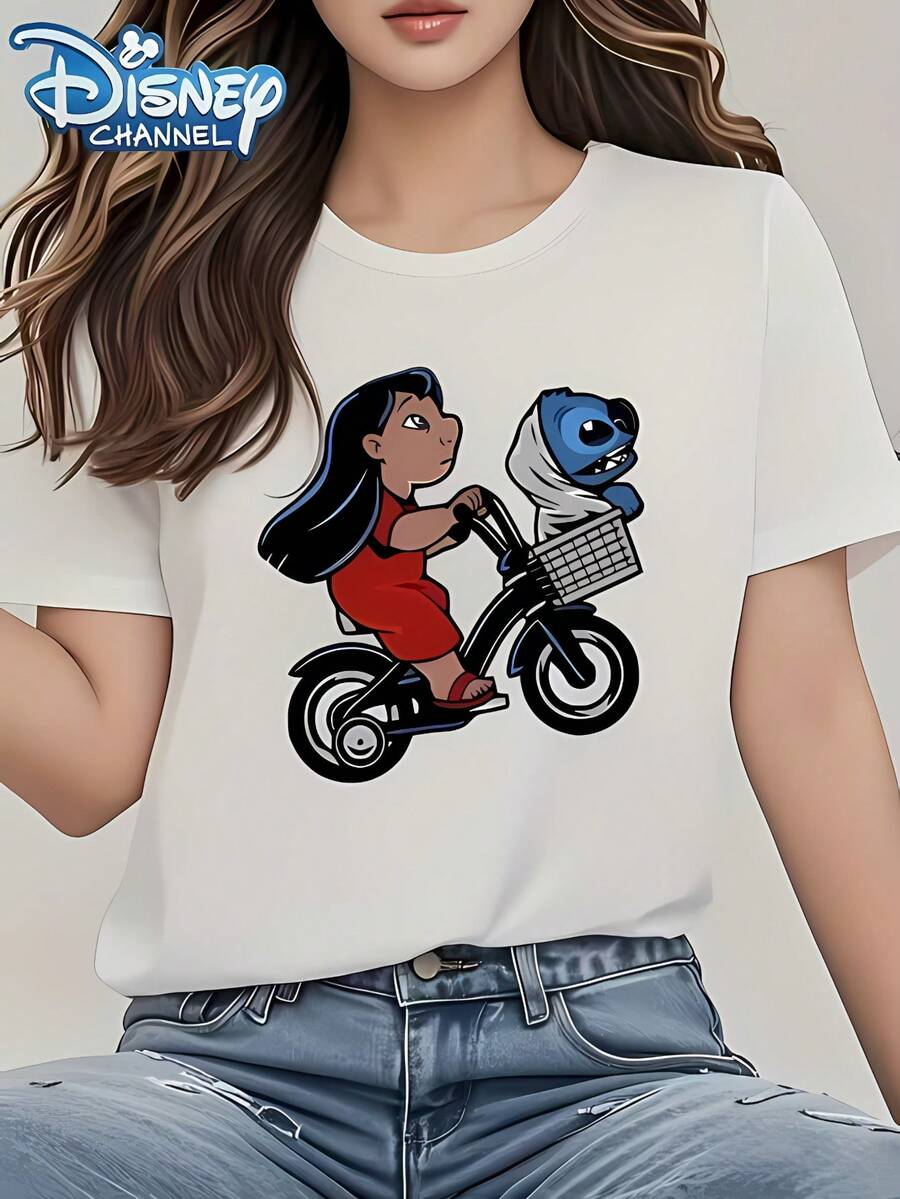 Authentic Disney Women's Summer Apparel, New Summer Short-Sleeve T-Shirt Top With Cartoon Print Of Disney Animated Characters Lilo And Stitch Riding A Motorcycle, Women's Casual Fashion Printed Tee - 白色 - 查看 1