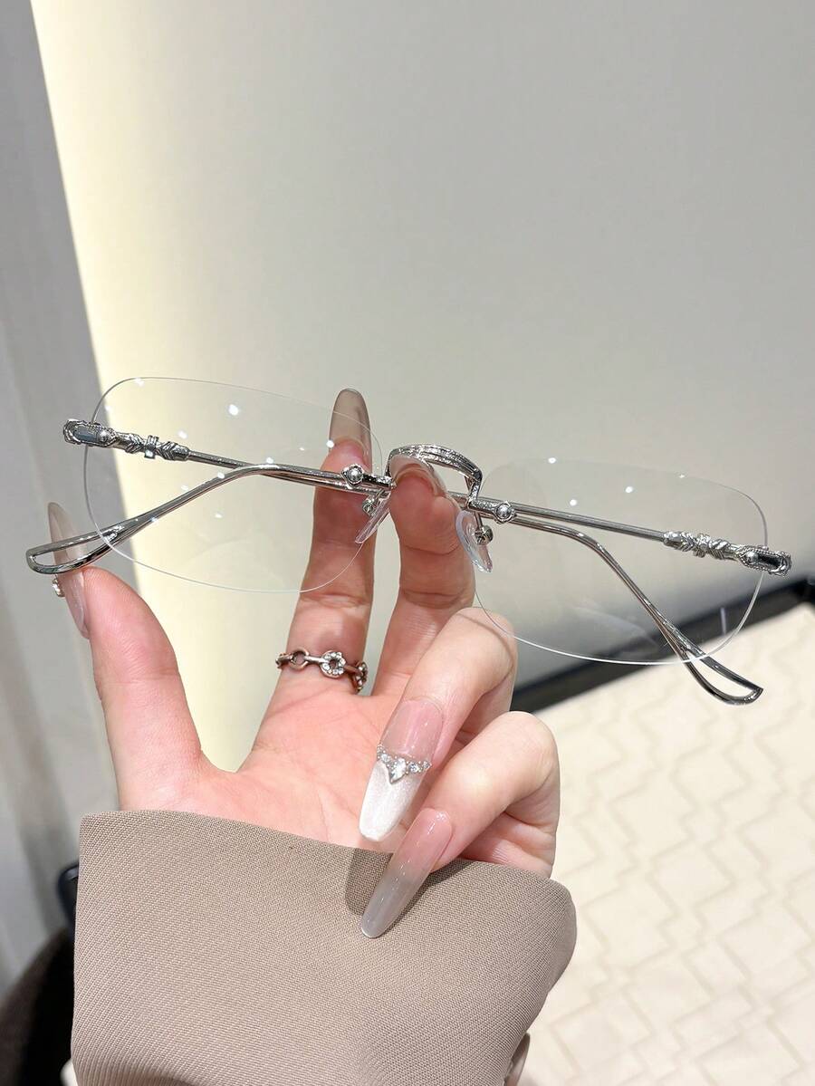 1pair Women Metallic Small Rimless Transparent Flat Lens Casual Style Portable Simple Clear Glasses For Reading,Office,Watch TV,Play Games Fashion Accessories - Clear - View 1