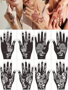 Premium Floral Henna Tattoo Stencil Stickers, Color Painting Temporary Hand Tattoo Stencils, Glitter Painting Hollow Stickers, For Body Art Makeup Mehndi Patterns - Black - View 10