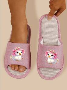Sandal Pasangan Musim Semi & Gugur, Sandal Rumah Wanita Baru dengan Motif Hewan Lucu, Ujung Terbuka, Bahan Linen Bernapas, Hadiah Liburan - Berwarna merah muda - View 2