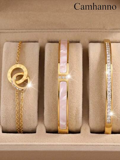 Camhanno 3/1 pieza Elegante y femenino juego de pulsera y brazalete de acero inoxidable, 3 piezas ideales para apilar para cenas románticas y conjuntos de fiesta, construcción de anillo romano durable que asegura un uso duradero, regalo perfecto para seres queridos en aniversarios, resistente al desgaste, fácil de combinar con vestidos, camisas y ropa casual