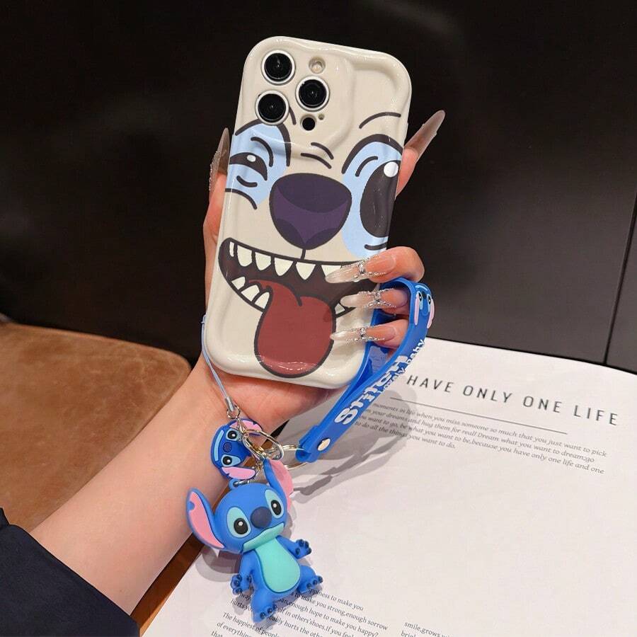 Disney Has Authorized, Phone Case - Chain Set, The Stitch Lilo & Stitch Phone Case Plus A Silicone 3D Or Fluffy Style Stitch Bracelet With Metallic Ring Removable Bracelet, Stitch And Angel Pattern, Compatible With Iphone 17/16/15/14/13/12/11/XS/XR/X Plus Pro Max, Wavy Design Phone Case For Girl, A Stylish Cartoon Summer Phone Case, The Perfect Gift Choice, Phone Protection, Durable Phone Cover, Great Gift For Friends And Family - 白色款式A - 查看 1