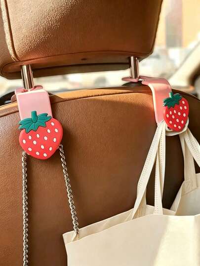 2 Packs Pink Cute Strawberry Car Seat Hooks, Creative Car Storage Hooks, Car Interior Decoration Accessories