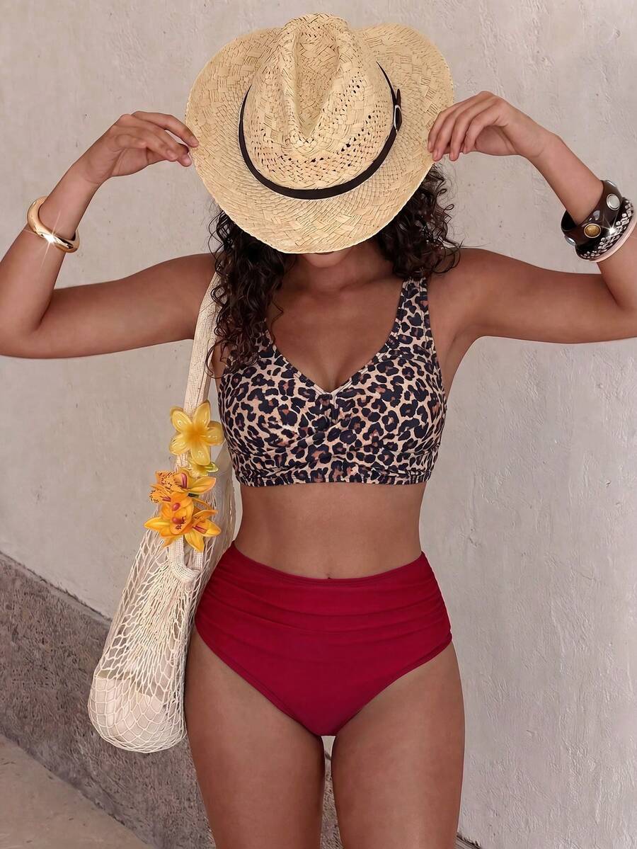 Costume de baie din două piese pentru femei, cu imprimeu leopard și spate fără bretele, 2026, noi, la modă, pentru vacanță, plajă, vară - Multicolor - Vizualizare 1