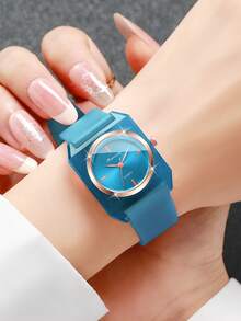 1pc Women's Silicone Quartz Watch, Fashionable Minimalist Square Dial, Classic Elegant Wristwatch - Blue - View 2