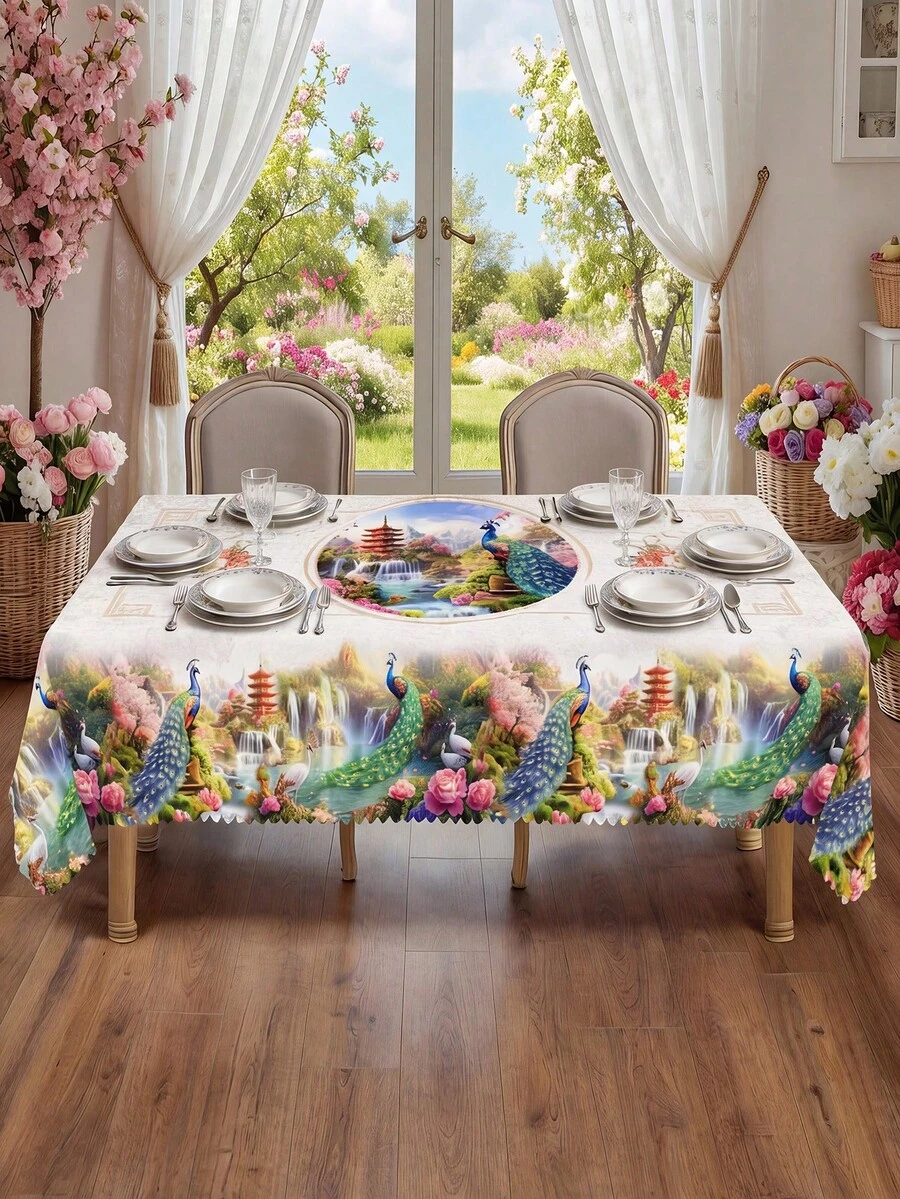 1 Khăn trải bàn hình chữ nhật/hình bầu dục/hình tròn 60x84/70/60x120 inch in hình phong cảnh vườn công, vải polyester kiểu hoa lá phương Đông với viền ren lượn sóng. - Nhiều màu - Xem 1