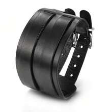 1pc Punk Rock Wide Leather Bracelet, Handmade Rivet Double-Layer Woven Wristband, Suitable For Motorcycle Rider Daily Wear, Exquisite Father's Day Gift - Black - View 19