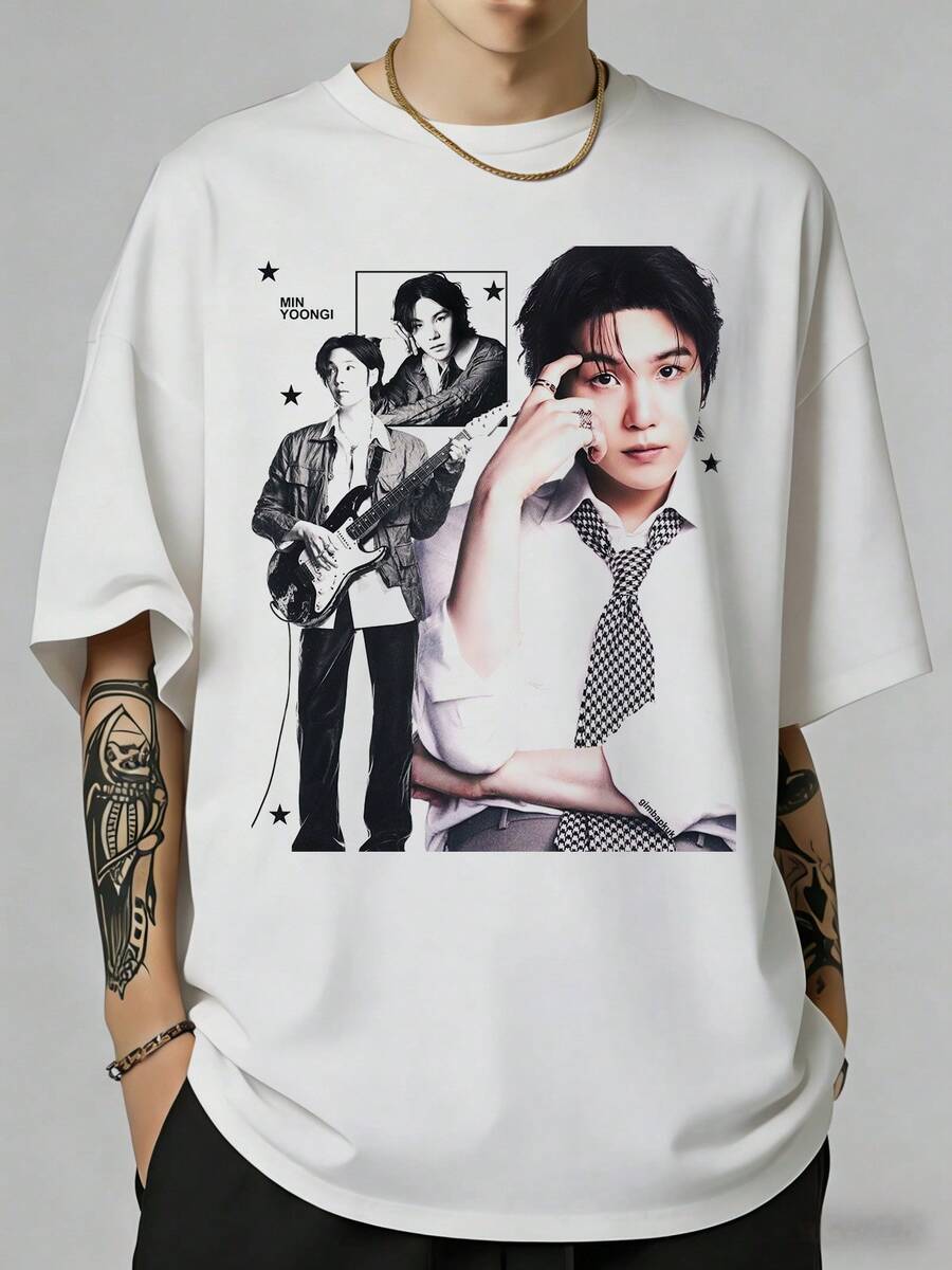 Min Yoongi ARIRANG World Tour 2026 Cotton T-Shirt, K-Pop Agust D Army Concert Merch, Black And White Vintage Graphic Tee, Casual Streetwear Top For Fans, Unisex Soft Cotton Tee For Men And Women. - 白色 - 查看 1
