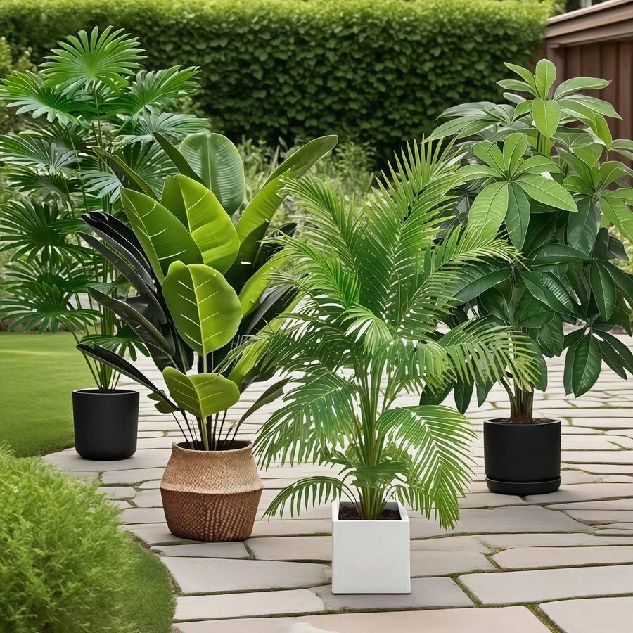 4件套 - 免维护人造大叶植物组合 - 散尾棕榈树 | 常绿发财树人造植物 | 常绿盆栽,婚礼花园现代装饰,花园美化 | 场景绿化布置 | 家居办公室装饰,北欧风格仿真树,适合室内/室外 - 适用于婚礼季、毕业典礼、生日、派对、周年纪念、乔迁等各种场合装饰,四季常绿人造植物。不含花盆。 - 濃鬱的綠色 - 查看 1