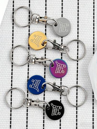 5/1pc Stainless Steel Supermarket Shopping Cart Token Keychain, With Shopping Cart Unlock Key Ring Decor, Keychain Accessory