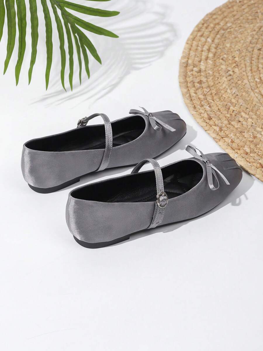 2025 Nuevos zapatos planos de satén Mary Jane con lazo, negro - Gris - Ver 1