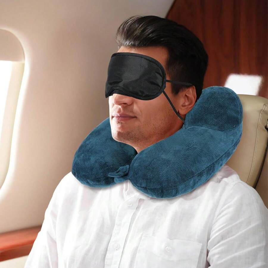 Airplane Inflatable Pillow, Travel Pillow, Soft Velvet Inflatable Travel Neck Pillow, Drawstring Bag, Eye Mask, Earplugs - Màu xám đen - Xem 1