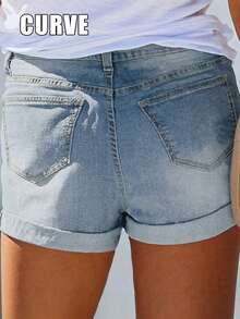 Cross-Border Plus Size Women's Straight Cut Denim Shorts With Pocket Decor, Mid-Stretch Fabric, Creating A Relaxed And Confident Summer Vibe. - Light Wash - View 6