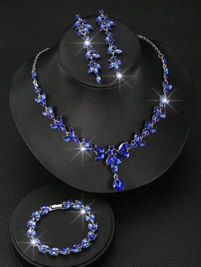 3pcs Set Includes Necklace, Dangle Earrings And Bracelet, Shiny Elegant Horse Eye Shaped Decorative Stone Jewelry, Suitable For Wedding, Party, Evening Wear
