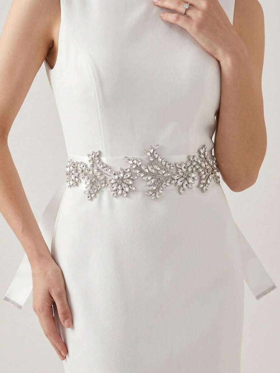1 pieza Faja elegante de mujer decorada con cristales para novia, faja de satén con flores de cristal brillante adecuada para vestido de novia, vestido de noche, faja de boda de lujo con flores de cristal, accesorio decorativo ajustable para la cintura para fiesta de damas de honor y ocasiones formales, festival, cumpleaños