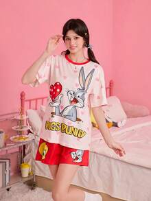 Noctvar OBM Sleepwear X LOONEY TUNES Collaboration Women's Sleepwear Set, Tweety Bird & Heart Polka Dot Contrast Color Short Sleeve Shorts Pajamas - Multicolor - View 3
