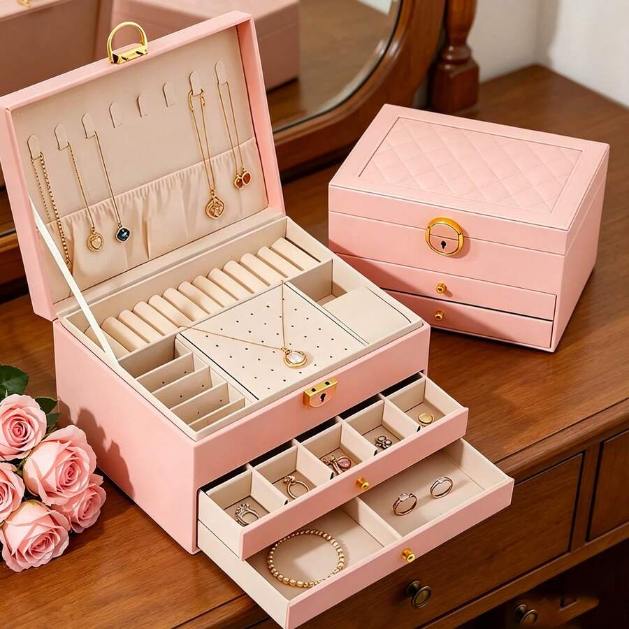 3 Layer Jewelry Organizer Box, PU Leather Lockable Jewelry Storage Case With Drawer, Necklace Ring Earring Display Stand, Dust-Proof Travel & Home Jewelry Holder For Women, Pink - Hồng - Xem 1