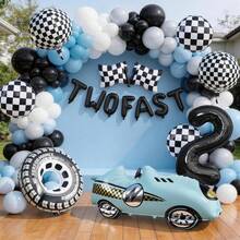 This 145-Piece Racing-Themed Birthday Decoration Set Includes A Blue-Black Racing Balloon Arch, 3D Racing Tires, Flags, And Checkered Foil Balloons. It Is Suitable For Car-Themed Birthday Parties, Gender Reveal Parties, Babyshowers, And Racing Event Decorations. - View 4