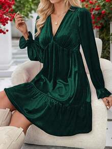 Vestido Elegante de Manga Larga con Volantes de Terciopelo, Primavera/Verano 2026 - Verde Oscuro - Ver 1