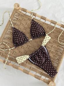 Women's Sexy Minimalist Chic Two Pieces Swimsuit Set, Striped Print Halter Tie Bikini For Beach, Vacation, Date, Spring/Summer New Arrival - Brown Dots - View 4