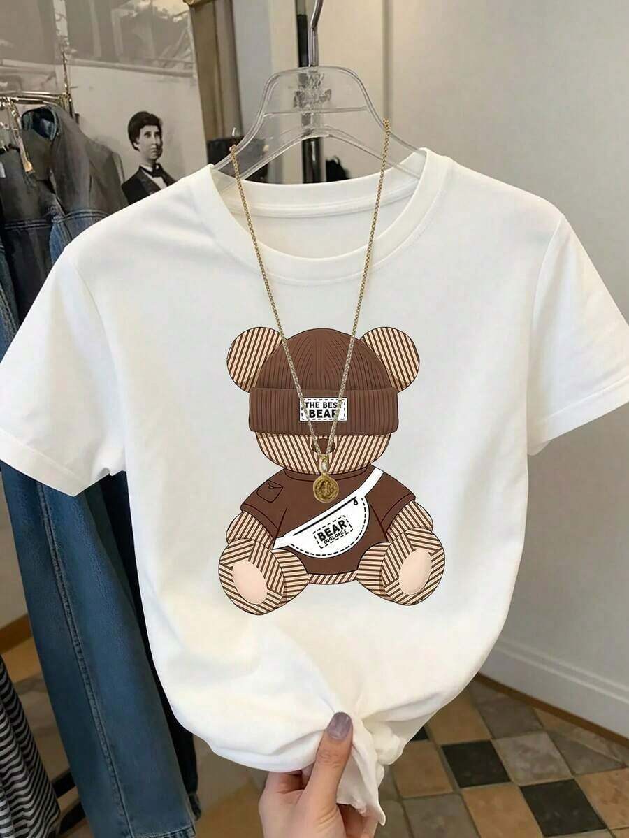 Camiseta de mujer de manga corta con cuello redondo y estampado de dibujos animados lindos, uso versátil para el veranoBreathable and comforte - Blanco - Ver 1