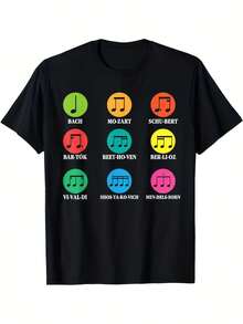 Camiseta de hombre con notas musicales y compositores clásicos - Mozart, Beethoven, Bach, Chopin, Liszt - Camiseta deportiva - Camiseta de manga corta de algodón ligero y transpirable para correr, entrenar, uso casual - Negra con íconos de compositores multicolor - Negro - Ver 1