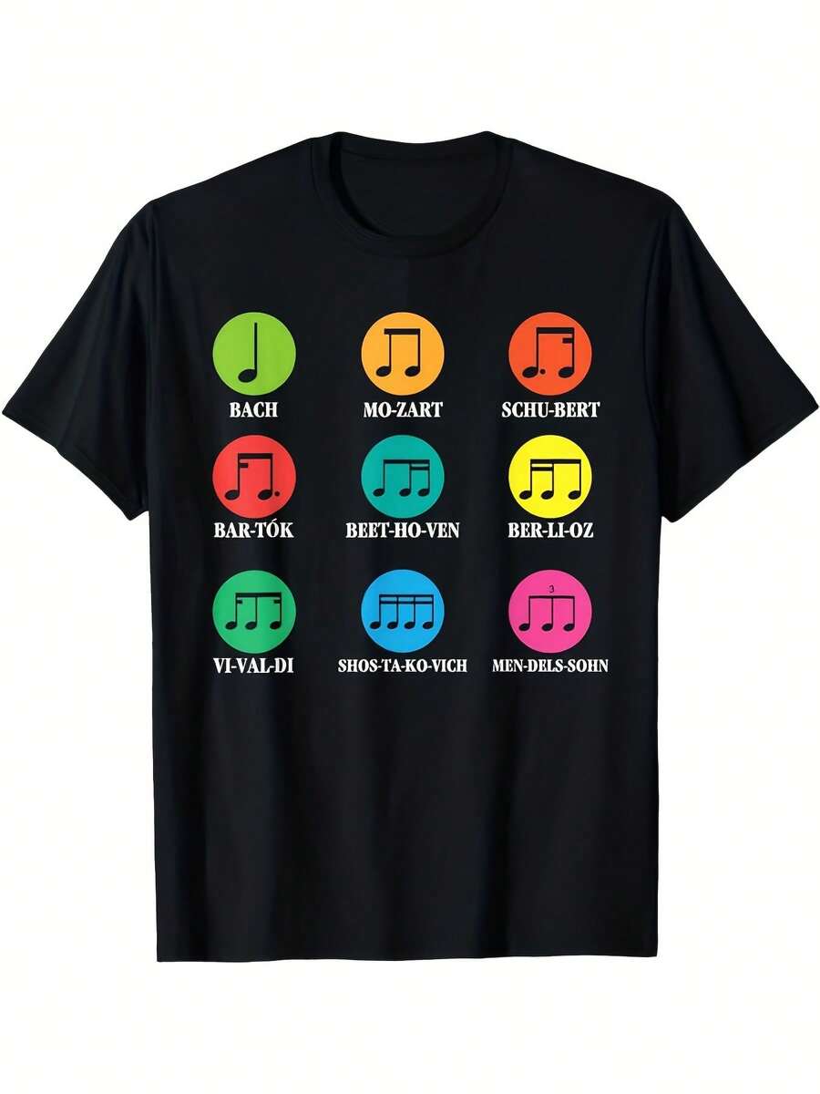Camiseta de hombre con notas musicales y compositores clásicos - Mozart, Beethoven, Bach, Chopin, Liszt - Camiseta deportiva - Camiseta de manga corta de algodón ligero y transpirable para correr, entrenar, uso casual - Negra con íconos de compositores multicolor - Negro - Ver 1