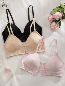 3 pezzi Reggiseno con chiusura frontale senza ferretto, imbottitura rimovibile, spalline regolabili, comodo e senza cuciture, biancheria intima da donna in stile dolce giapponese e coreano - Multicolore - Visualizzare 2