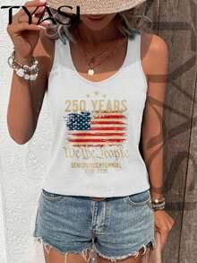 TYASI -250 Years American Flag We The People Tank Top  1776-2026 Patriotic Top-Women's  Sleeveless Shirt, Minimalist And Fashionable, Women Vest,Suitable For Summer - 白色 - 查看 2