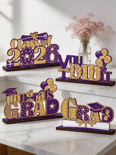 4pcs Purple & Gold 2026 Graduation Decor Set, Congratulations Graduate, Wooden Desktop Centerpiece, Graduation Ceremony Table Decor, Back To School Event Centerpiece