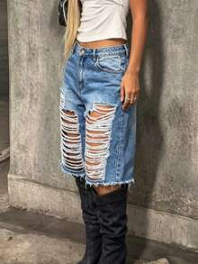 Women's Casual Slim Straight Leg Denim Shorts With Distressed Hem And Pocket Details Summer - Blue - View 3