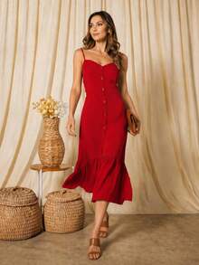 Long Dress In Viscose, Plain, Straps, Buttons On The Front, Cups And Lining. Elastex On The Back - Red - View 8