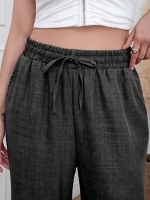 Women's Casual Polyester Long Wide Leg Pants With Drawstring Waist And Slight Stretch Fabric - 黑色 - 查看 3