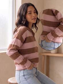 Women's Striped Knit Polo Neck Long Sleeve Ribbed Knit Sweater For Autumn/Winter - Navy Blue/Off - View 3