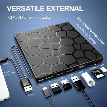 适用于笔记本电脑的外置 CD/DVD 光驱，笔记本 DVD 播放器，8 合 1 USB 3.0 超薄便携式 CD/DVD 刻录机，兼容笔记本电脑、台式机、苹果电脑，支持 Windows 11/10/8/7 和 Linux 系统。