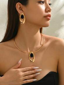 3pcs Elegant Creative Necklace + Earrings Jewelry Set, Fashionable Personalized Metal Geometric Asymmetrical Oval Pendant Necklace With Acrylic Bicolor Design, Versatile For Daily, Festival, Party - Collar - View 2