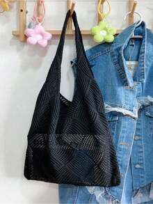 Back To School,Women Girls Knitted Shoulder Bags Retro Hollow Woven Large Capacity Floral Decor Shopper Handbags Crochet Bag Crochet Bags For Women Summer Beach Tote Bag - Black - View 6