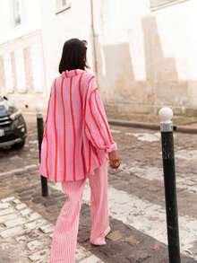 Plus Size Loose Cardigan Blouse, Elegant Casual Commuter Fashion Outerwear, New Style Spring - Pink Stripes - View 2