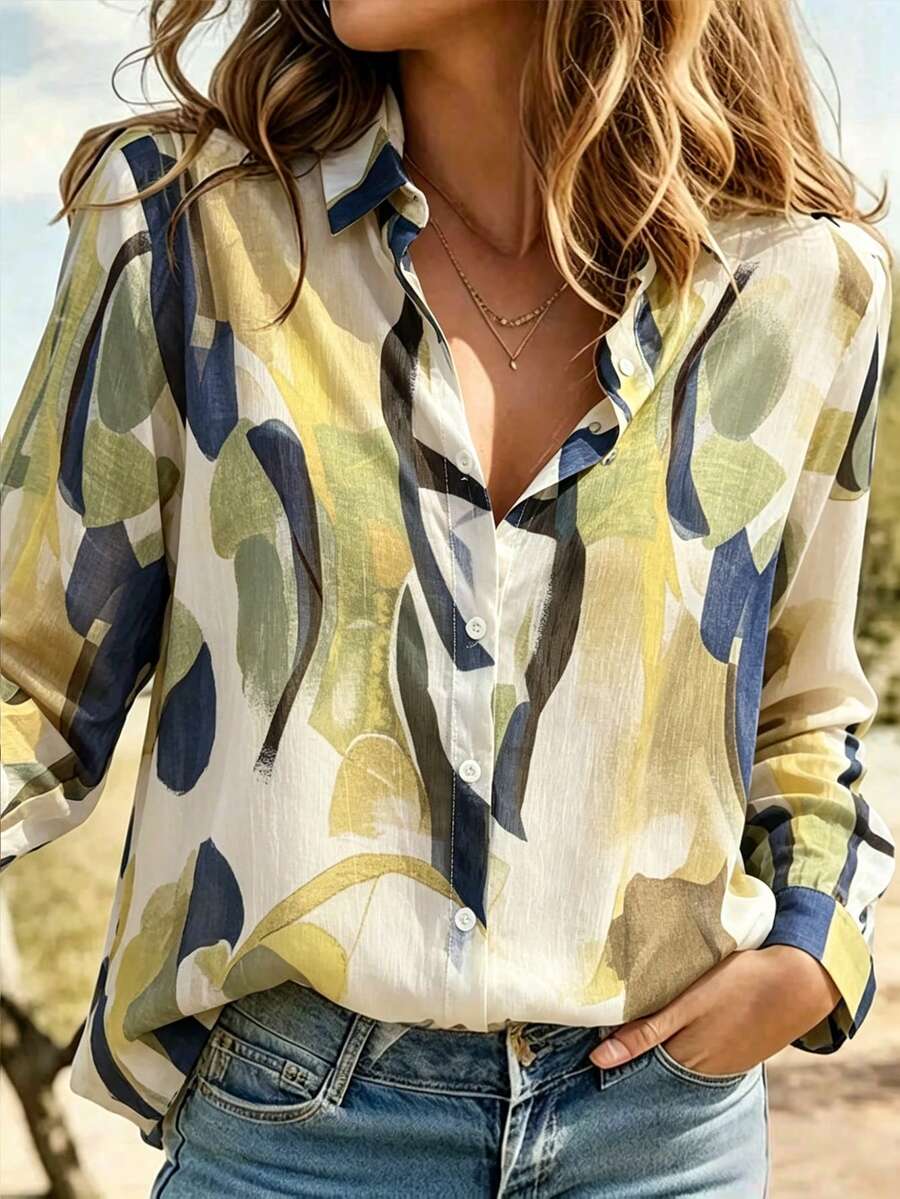 Women's Floral Print Long Sleeve Plus Size Casual Shirt Vacation Spring - Lemon Yellow - View 1