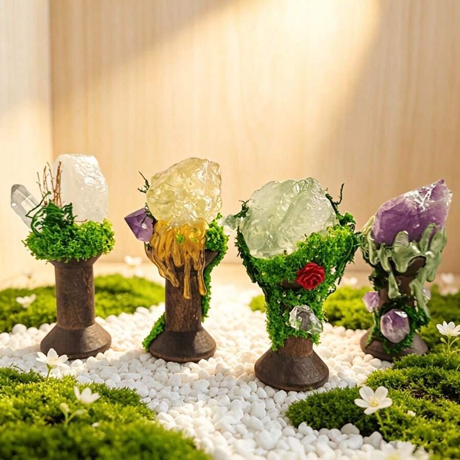Đồ trang trí bằng pha lê thủ công thuộc bộ sưu tập Forest Series, làm từ thạch anh trong suốt tự nhiên/vàng anh đào/fluorite xanh/thạch anh tím, tượng rêu trang trí bàn thờ phong cách Boho Witchy cho nhà cửa. - nhiều màu - Xem 1