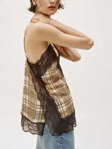 Top Cami de Encaje a Cuadros Grunge Y2K - Camiseta Boho Casual Suelta Sin Mangas con Cuello en V - Marrón oscuro - Ver 4
