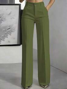 Pantalones rectos de unicolor versátiles y de moda, color blanco, para primavera - Verde militar - Ver 5
