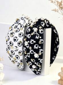1pc Women's Solid Color Cute Football Print Tie Headband, Decorated With Pearls And Rhinestones Wide Headband, Women's Football Themed Hair Accessory, Fashion Hair Accessory For Sports Events,Festival,Party - Multicolor - View 3
