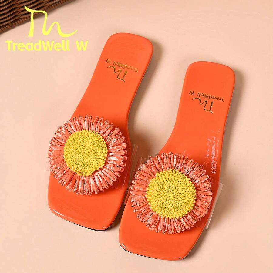 Dép xăng đan đế bằng kiểu dáng casual họa tiết hoa dành cho nữ, thích hợp cho mùa hè. - trái cam - Xem 1