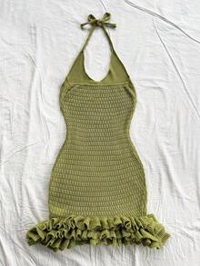 Solid Color Halter Tie Back Vacation Ruffle Trim Backless Knit Dress - 黑色 - 查看 6