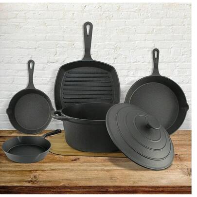6 Pc Cast Iron Non Stick Pre-Seasoned Cookware Pan Griddle Skillet Cerole Set