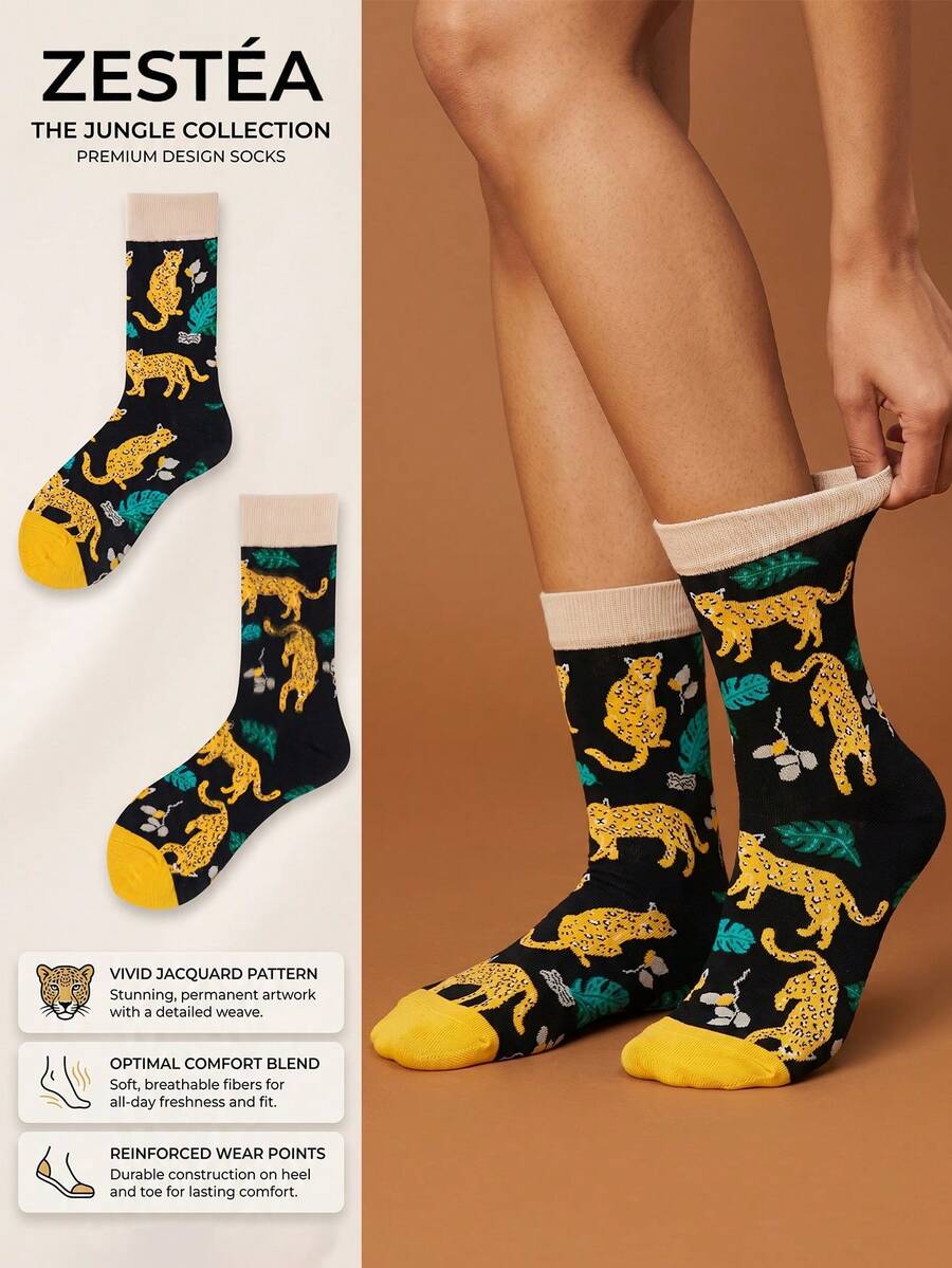 1 Par de Meias Tripulação Divertidas Unissex com Estampa de Leopardo Tropical Preto e Contraste de Cor, Bico Apontado, Mistura de Poliéster Respirável, Uso Diário - Multicolorido - Visão 1