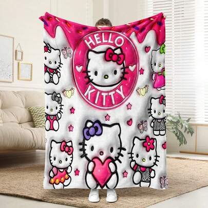 SANRIO 1条舒适甜甜圈主题Hello Kitty图案法兰绒毯，柔软涤纶针织设计，用途广泛，可机洗，是居家、旅行、户外活动的理想礼物，四季皆宜，适合沙发、床、办公室或旅行，为电影、午睡、卧室、办公室、汽车等场所提供温暖。