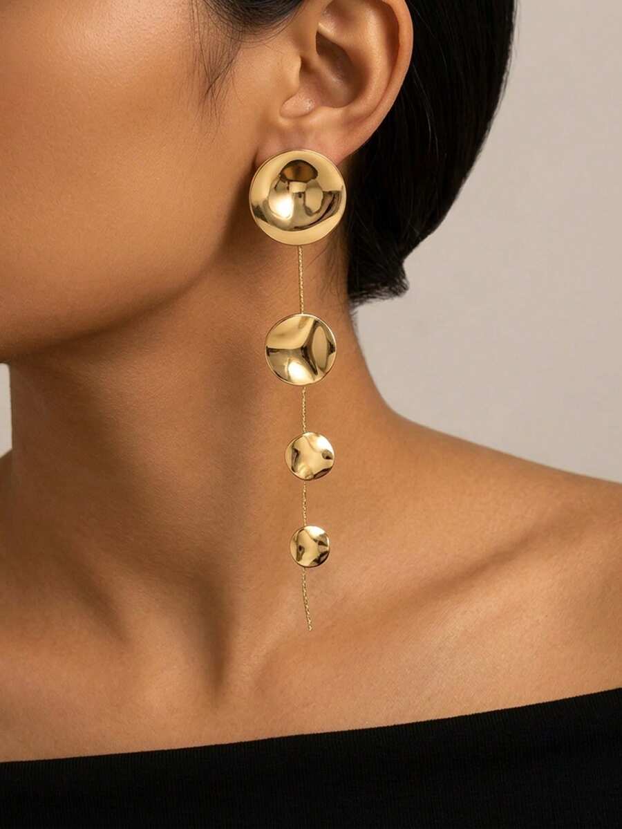 1 par de nuevos pendientes casuales personalizados de metal con borlas geométricas redondas exageradas - Amarillo Oro - Ver 1